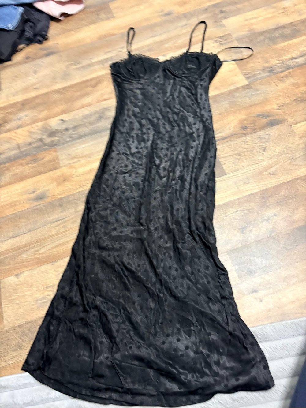 Forever 21 Black Polka Dot Satin Maxi Slip Dress Bustier Size Small